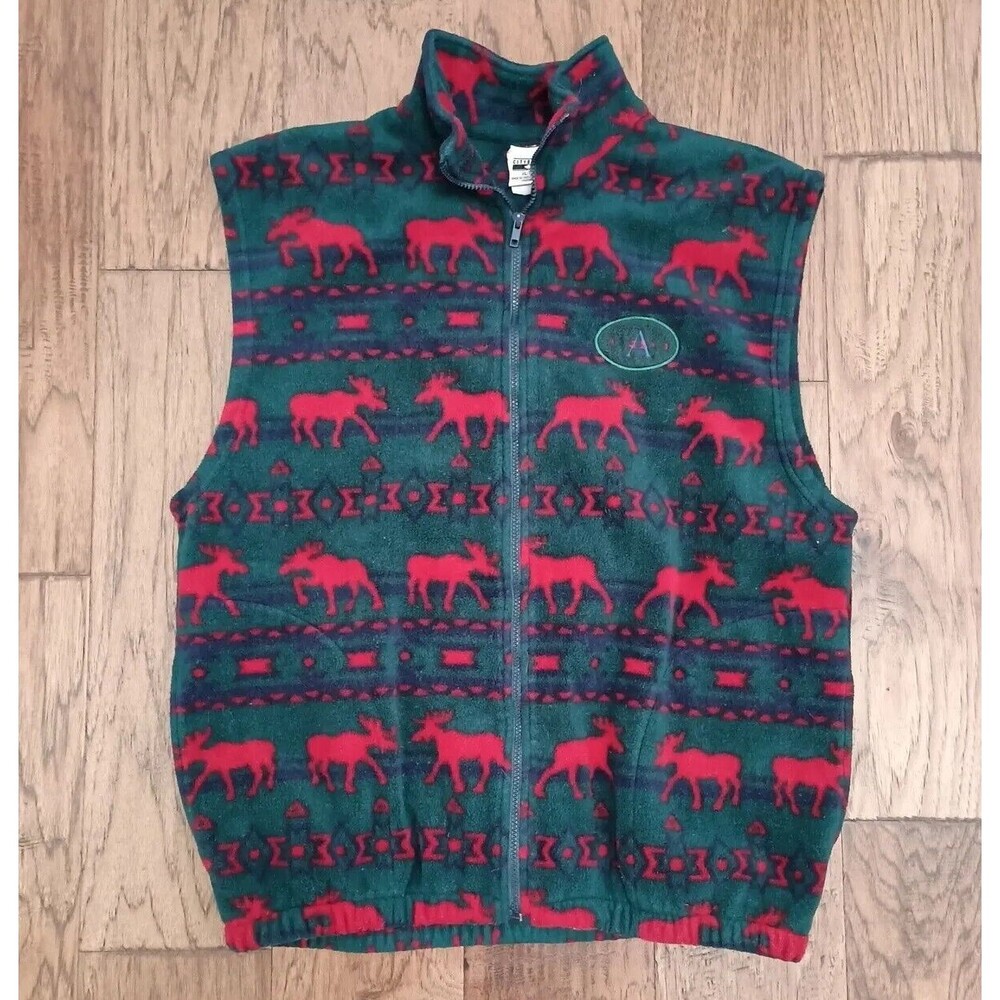 Vtg Cityscape Size XL Moose Fleece Vest Red Green Alaska Patch Canada Made Zip